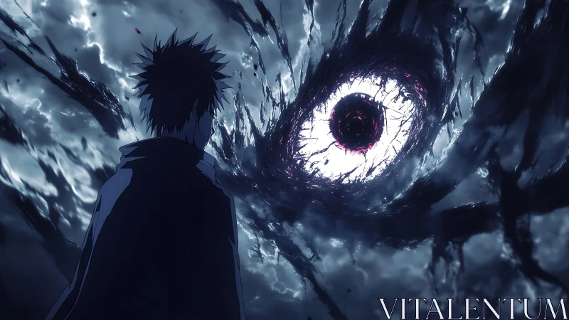 Dark anime figure facing massive ominous cosmic eye.