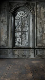 Tall arched window set in distressed interior wall