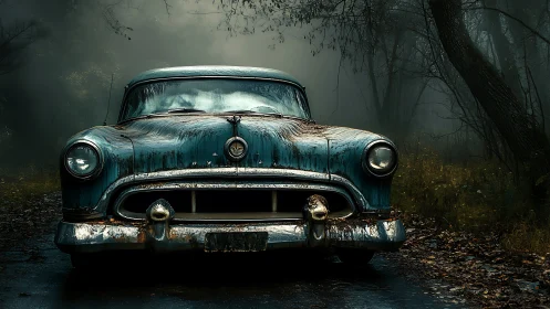 Rusty vintage car on a dark foggy forest road at dusk.