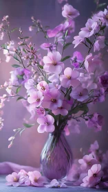 Soft Pink Flowers in Glass Vase with Purple Background