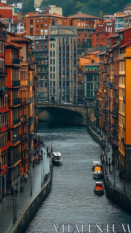 Colorful canal city glows under overcast light and quiet rain