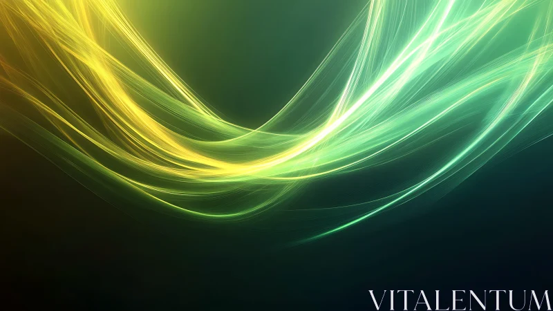 Luminescent green and gold light trails on deep teal field.