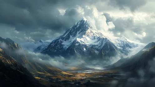 Snowy peak above misty valley under dense storm clouds.