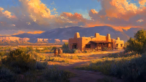 Adobe desert dwelling before distant mesa and mountains.