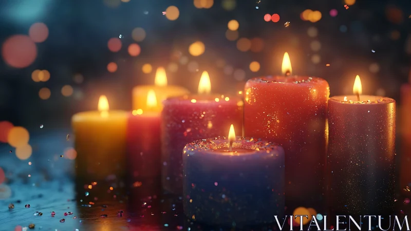 Glittering pillar candles glow amid blurred festive bokeh.