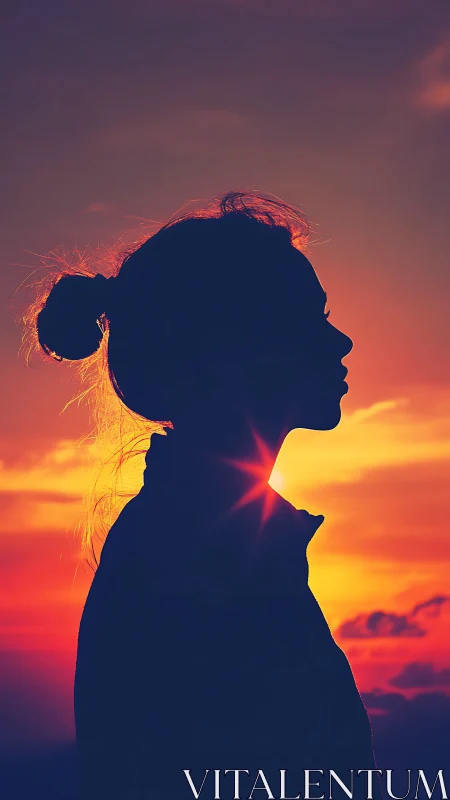 Silhouetted female profile intersects radiant sunset sunburst