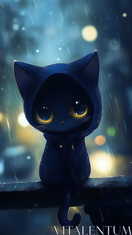 Hooded black cat with oversized luminous eyes in rainy bokeh night