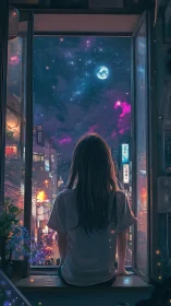 Nocturnal city window study with contemplative silhouette.