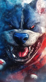 Snarling blue wolf with red eyes in dynamic close-up.