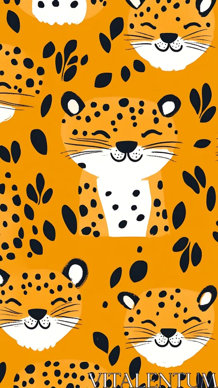Cheerful Leopard Faces Dance Across Bright Golden Background
