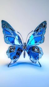 Luminous glass butterfly in cool blue metallic glow.