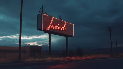 Neon roadside billboard in cinematic dusk environment, digital painting.