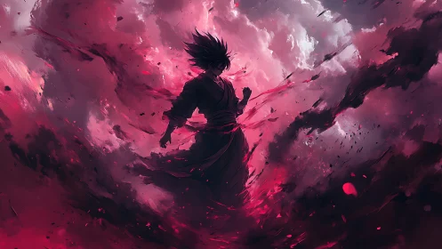Warrior silhouette rises within swirling crimson storm