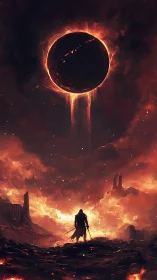 Lone warrior beneath a bleeding eclipse in burning skies.