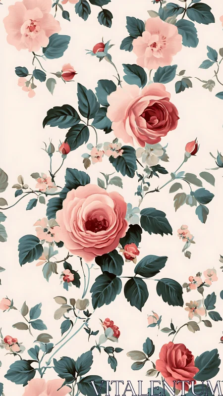 Romantic rose pattern unfolds across soft vintage wallpaper.