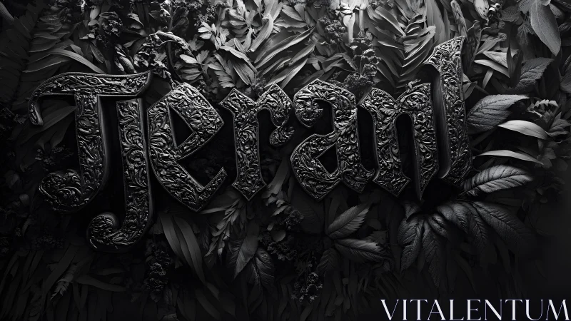 Ornate "Teran" Text in Gothic Style with Leafy Monochrome Background. Ornate "Teran" Text in Gothic Style with Leafy Monochrome Background.