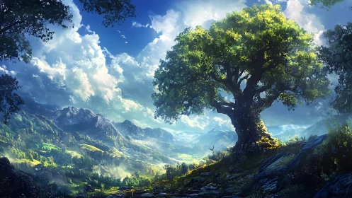 Majestic oak dominates highland valley under volumetric cloudscape
