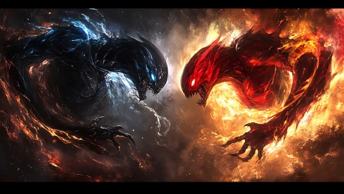 Elemental fire and shadow creatures in direct opposition.