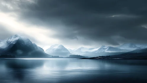 Soft winter light settles over calm snow capped mountains