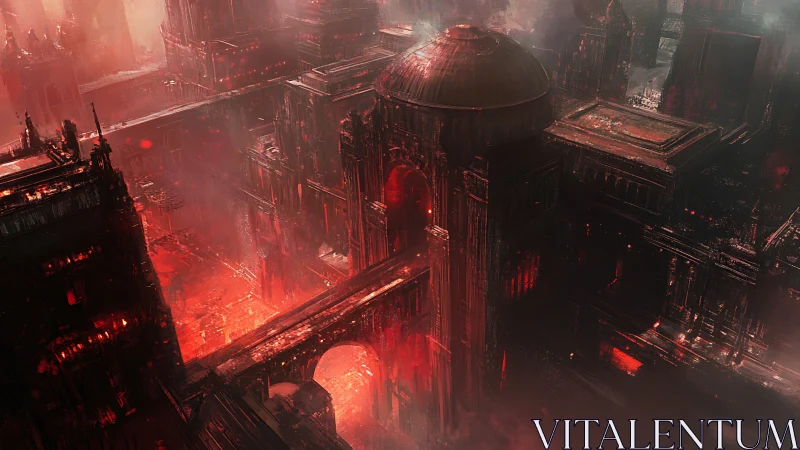 Cathedral-scale infernal megastructure in molten red haze