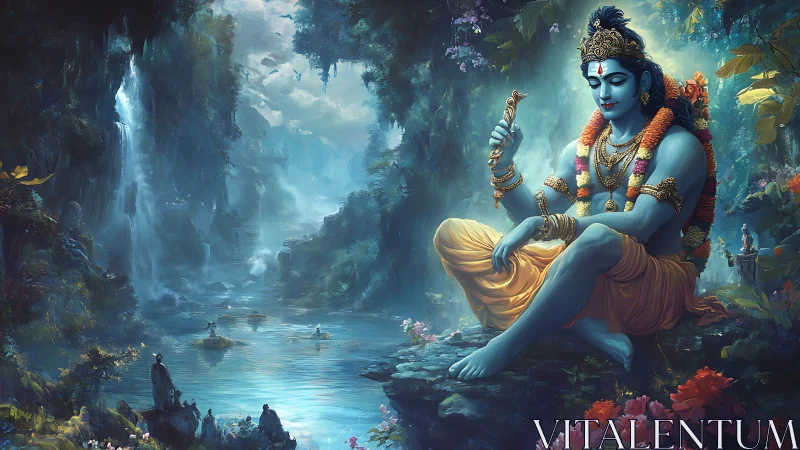 Blue-skinned deity figure in luminous forest river scene.
