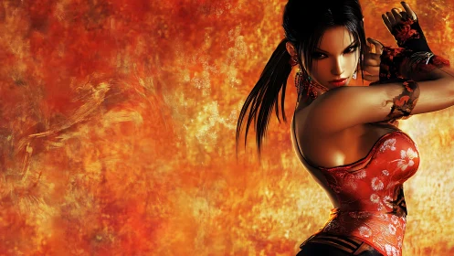 Digital female fighter in red attire against orange backdrop.