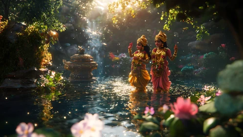 Digital painting of divine figures in luminous forest pool.