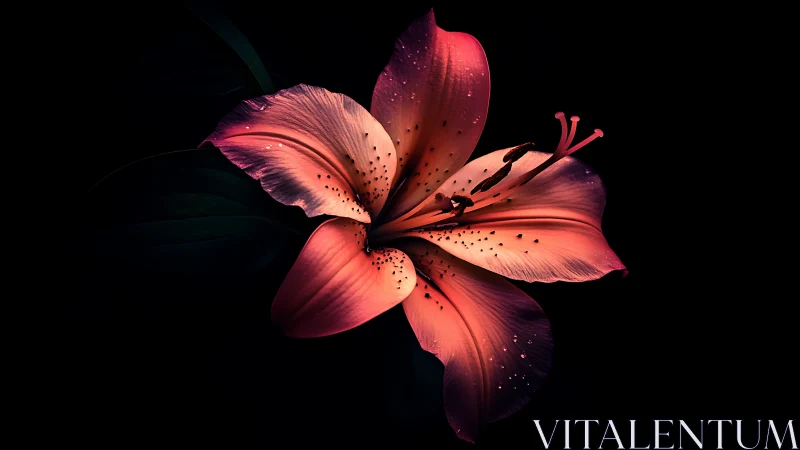 Red Lily Bloom Against Dark. Stamen Detail. Luminous.