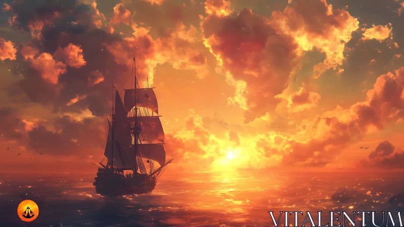 Golden sunset cradles a tall ship sailing into calm horizons