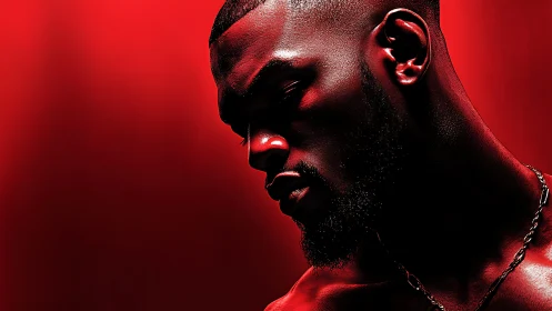 Brooding male portrait glows against intense red light