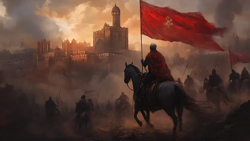 Mounted soldiers approach fortified city under red banners