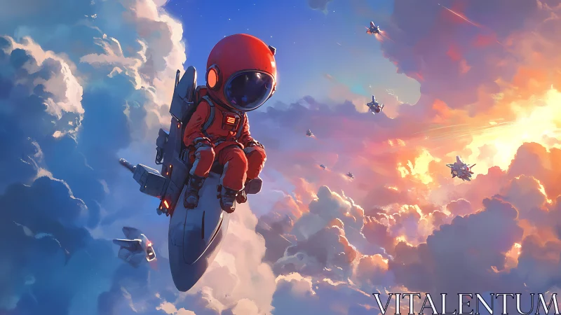 Childlike astronaut rides rocket through radiant sunset clouds.