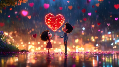 Two figures exchanging luminous heart under rainfall