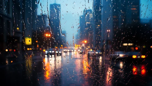 Rain streaks blur a neon city street in soft evening light
