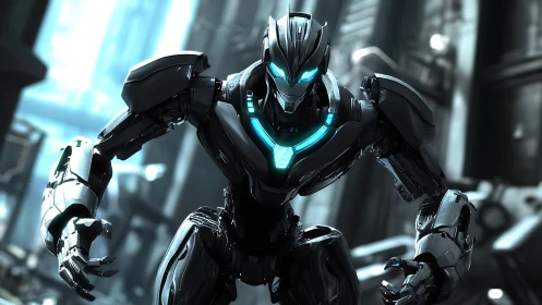 Cybernetic combat unit in neon teal urban stronghold.