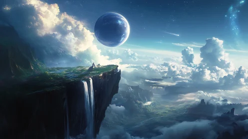 Celestial cliffside realm beneath a looming sapphire world.