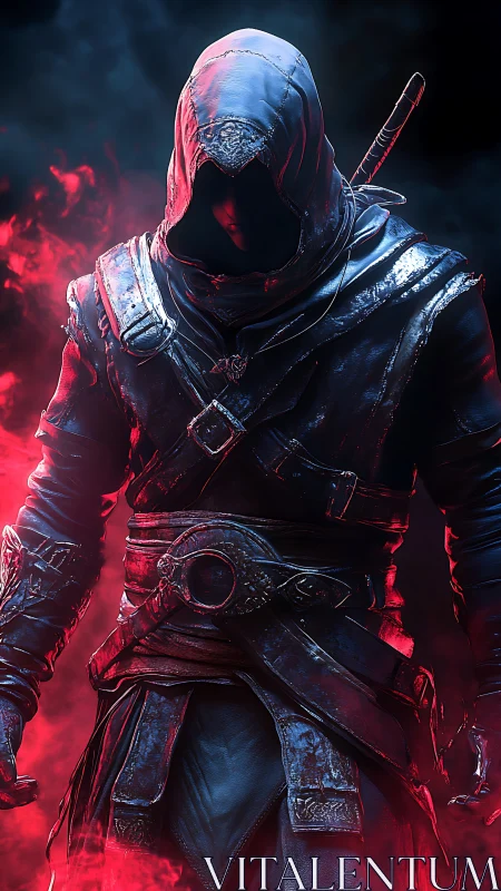 Digital painting of hooded rogue in crimson atmospheric haze.
