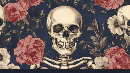 Human skeleton illustration centered among detailed floral elements