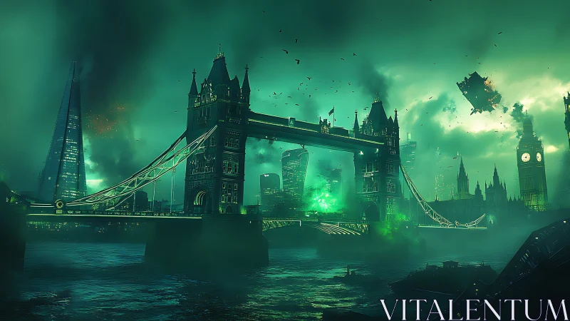 Emerald storm over London Bridge in a dreamy sci fi dusk.