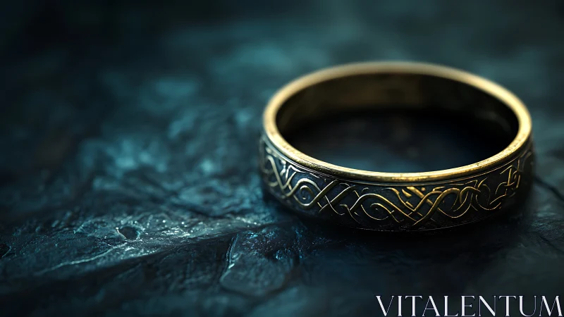 Gold ring with engraved knot pattern rests on dark stone