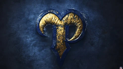 Metallic blue gold ram emblem on dark textured background.