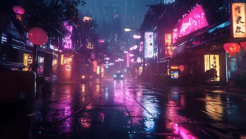 Neon rain paints a silent cyberpunk street in liquid light