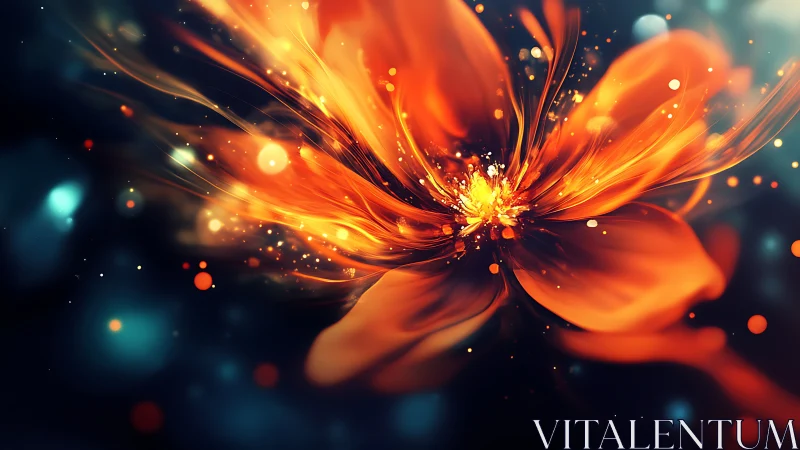 Fiery abstract flower bursts across deep teal void.