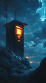 Isolated tower with illuminated panel amid storm clouds.