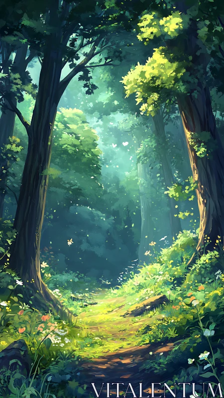 Enchanted forest pathway bathed in golden morning light