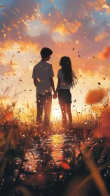 Sunset lovers beneath drifting petals at glowing horizon.