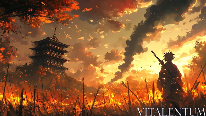 Samurai watching burning fields near distant pagoda at dusk.