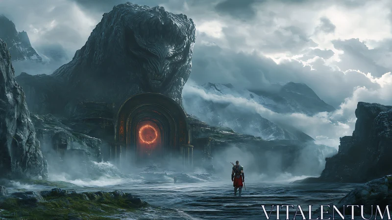 Warrior approaches colossal stone guardian and fiery gate