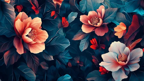 Digital floral composition with stylized blossoms and foliage.