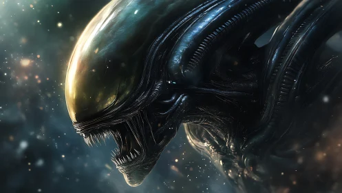 Biomechanical alien head rendered in high-contrast digital detail